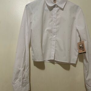 French Twist White Crisp Crop Shirt  Sz S with Rhinestone Cotton Long Sleeve